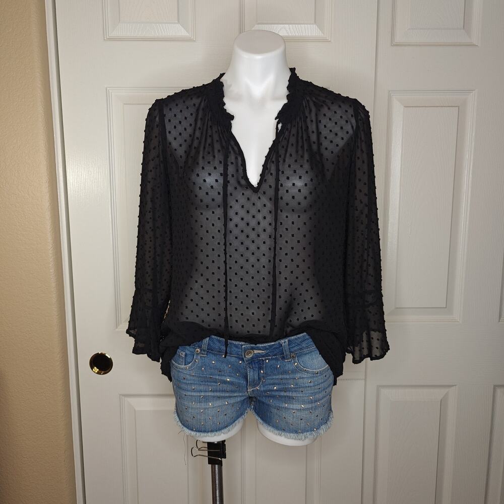 Octavia sheer textured Swiss dot tie neck 3/4 sleeve blouse sz L